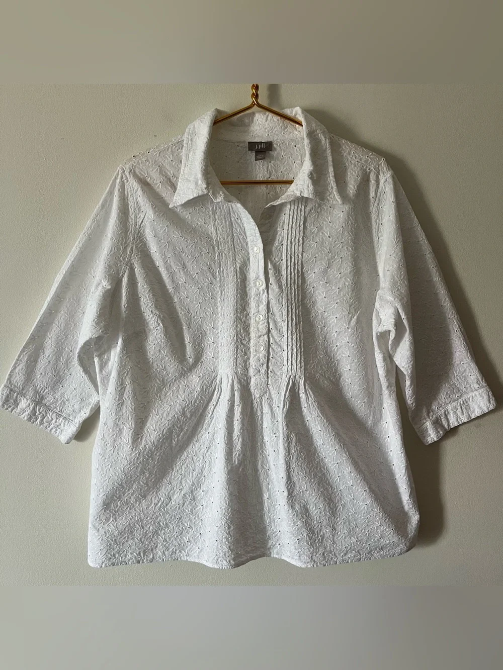 J.Jill White Eyelet Cotton Pintuck Popover Top 3/4 Sleeve Cottagecore Modest 2X